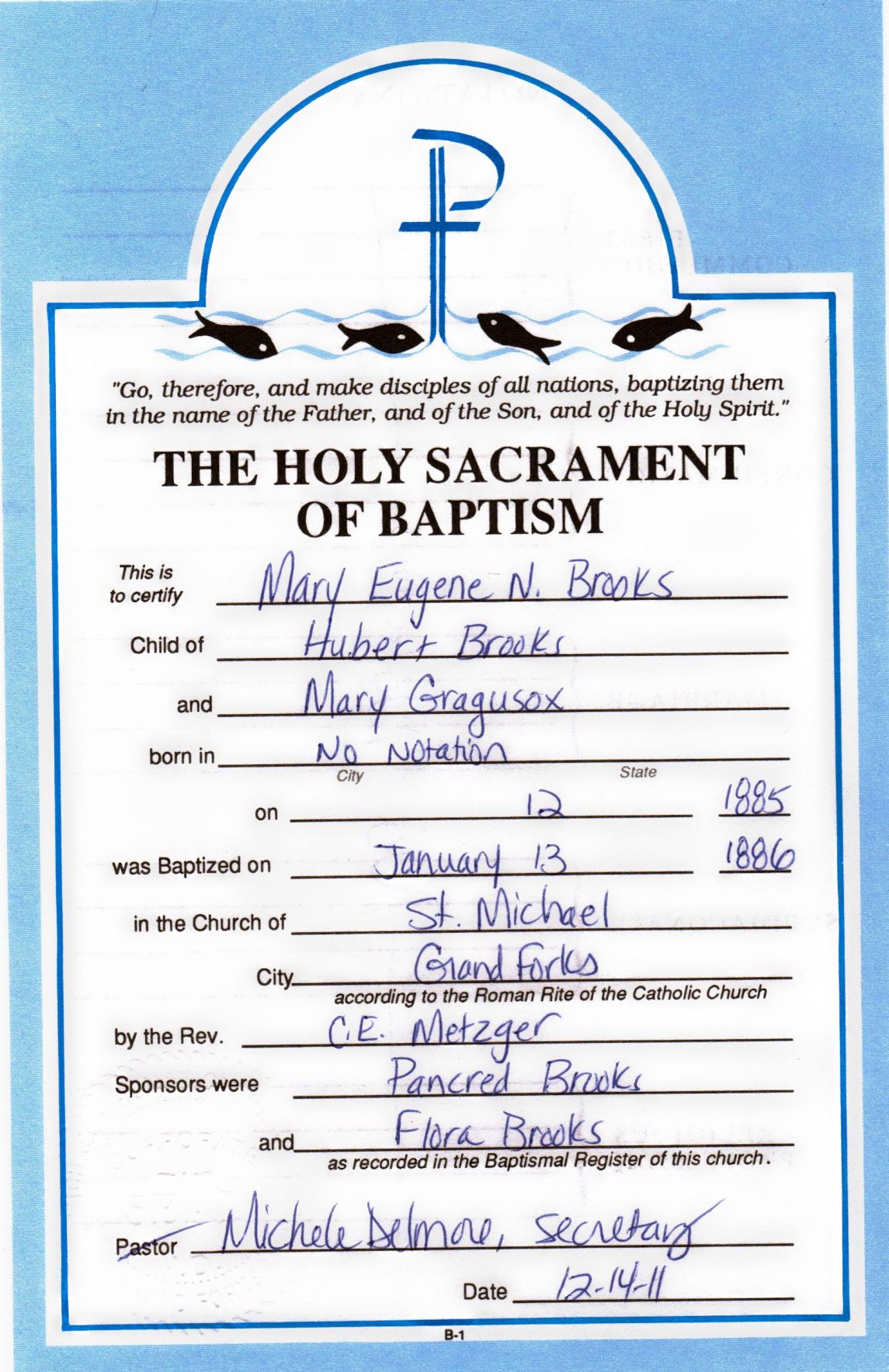 1886 Baptismal Certificate of Mary Eugene N Brooks